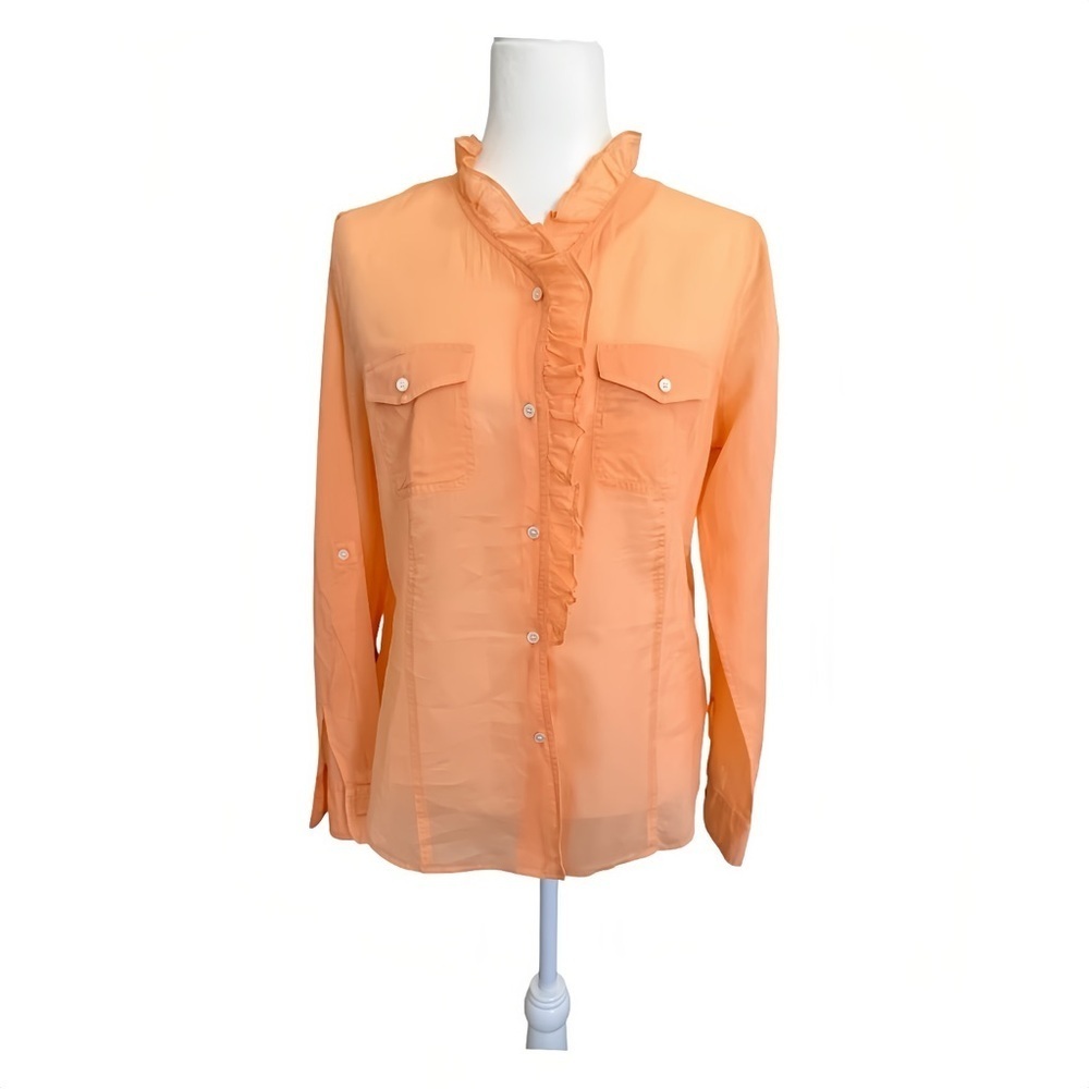 Talbots W’s Cotton Semi-Sheer Ruffle Blouse 10 Orange Long Sleeve Button Down